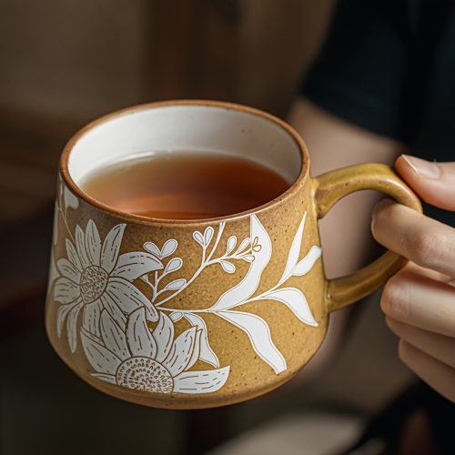 1pc Morning Glory Potbelly Mug, 360ml Vintage Ceramic Coffee Cup, Elegant Gift for Women, Practical Drinking Cup